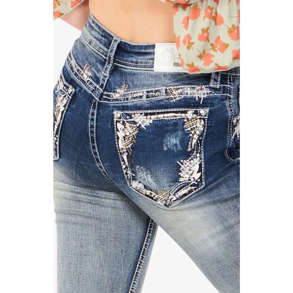 Grace in LA Denim - Grace in LA Women's Embroidered Boarder Distressed Pocket Bootcut Stretch Jeans